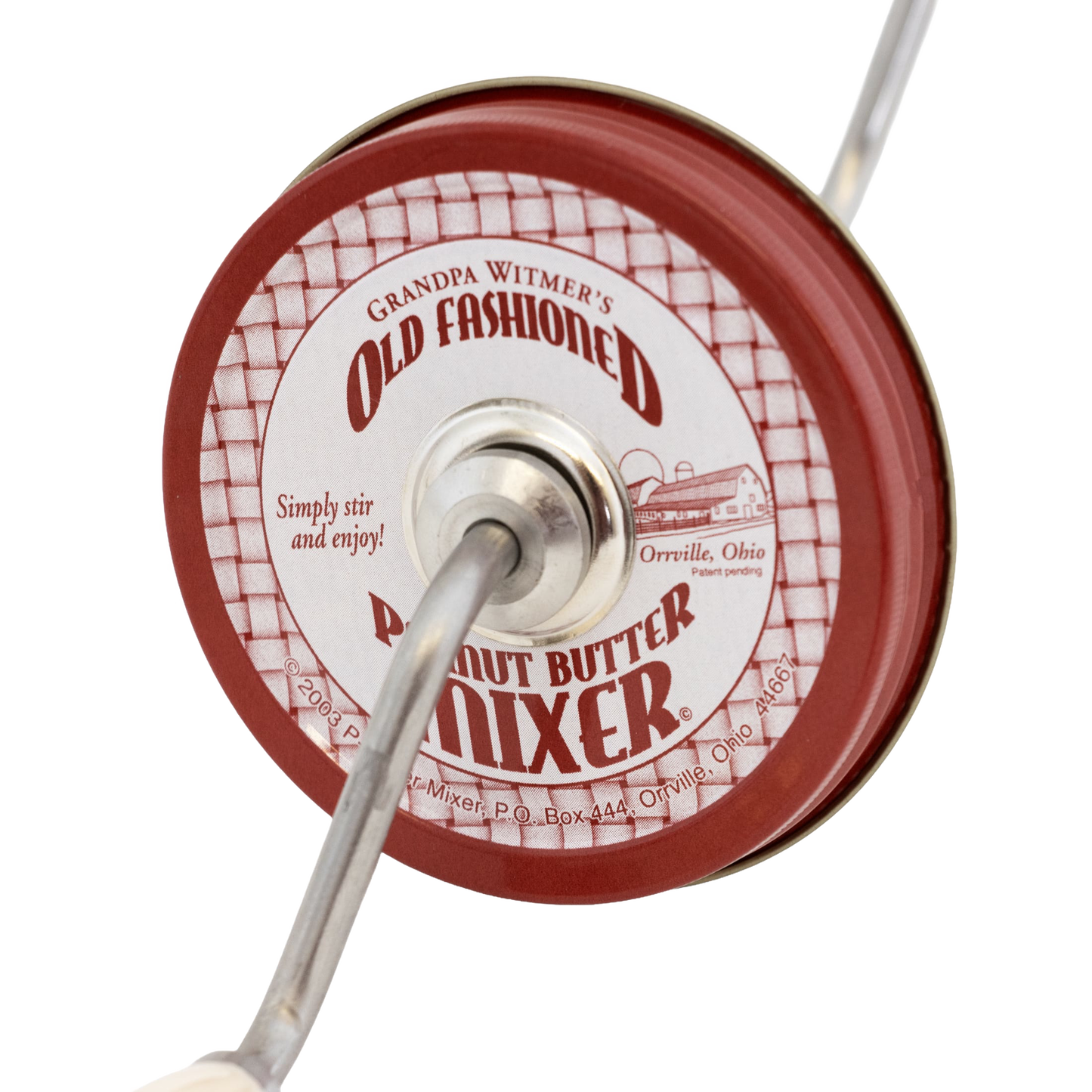 Handcrafted old fashioned peanut butter stirrer with red lid and metal crank designed to mix separated oil, made in USA, ideal for Kitchen & Food, Food Prep, and Best Sellers collections.