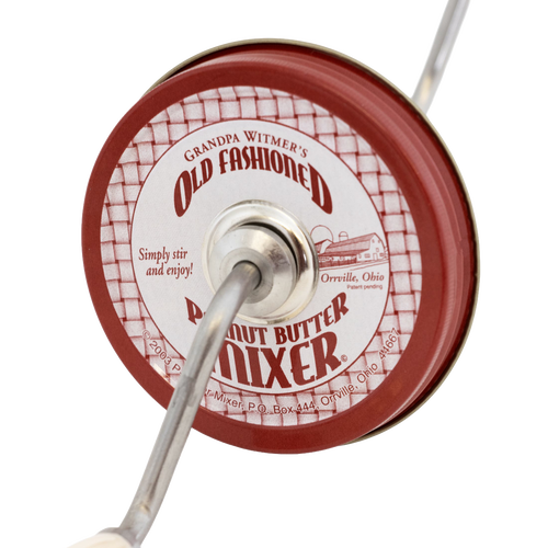 Handcrafted old fashioned peanut butter stirrer with red lid and metal crank designed to mix separated oil, made in USA, ideal for Kitchen & Food, Food Prep, and Best Sellers collections.