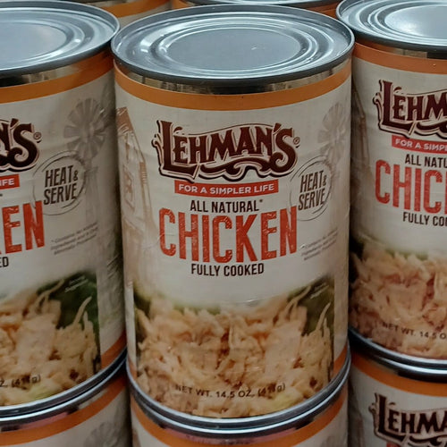 Cans of Lehman’s all natural fully cooked chicken with heat and serve label, presented for Kitchen & Food, Food, Meats, Best Sellers, and Promo Eligible collections.