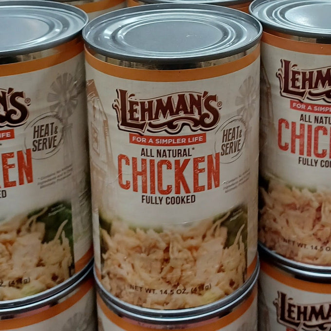 Cans of Lehman’s all natural fully cooked chicken with heat and serve label, presented for Kitchen & Food, Food, Meats, Best Sellers, and Promo Eligible collections.