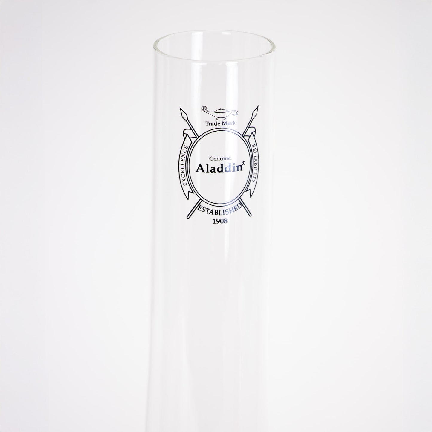 Tall clear borosilicate glass chimney with black logo emphasizing durability and improved light output, featured in Lamps & Lighting, Parts and Accessories, Chimneys and Globes, Best Sellers, and Promo Eligible collections.