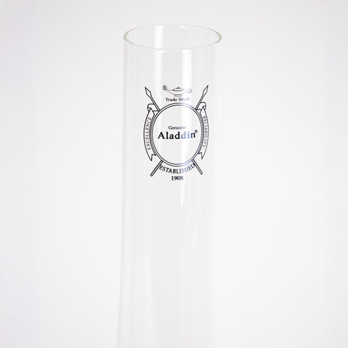 Tall clear borosilicate glass chimney with black logo emphasizing durability and improved light output, featured in Lamps & Lighting, Parts and Accessories, Chimneys and Globes, Best Sellers, and Promo Eligible collections.