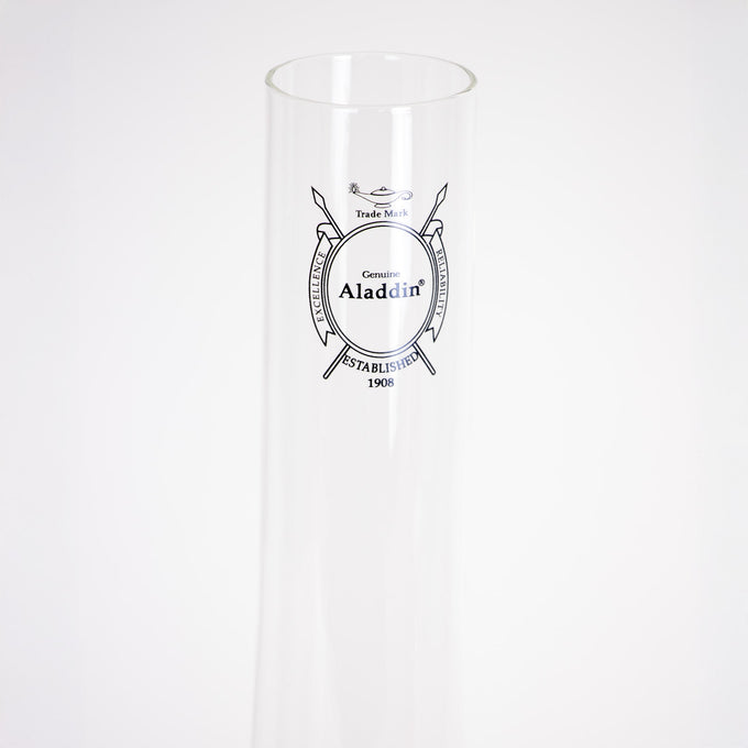 Tall clear borosilicate glass chimney with black logo emphasizing durability and improved light output, featured in Lamps & Lighting, Parts and Accessories, Chimneys and Globes, Best Sellers, and Promo Eligible collections.