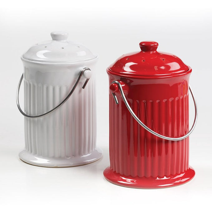 Pair of ceramic compost containers with gleaming finishes and stainless steel handles, featuring odor-preventing filters, ideal for Farm, Garden & Tool, Composting, and Best Sellers collections.