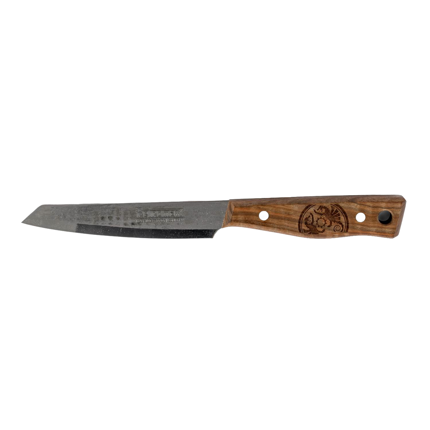 Handcrafted sharpened utility knife with a durable high-quality steel blade and robust walnut handle featuring decorative engraving, ideal for farm, kitchen, camping, and food prep.