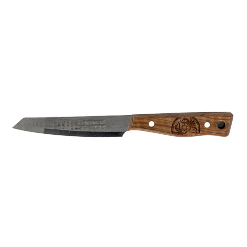 Handcrafted sharpened utility knife with a durable high-quality steel blade and robust walnut handle featuring decorative engraving, ideal for farm, kitchen, camping, and food prep.