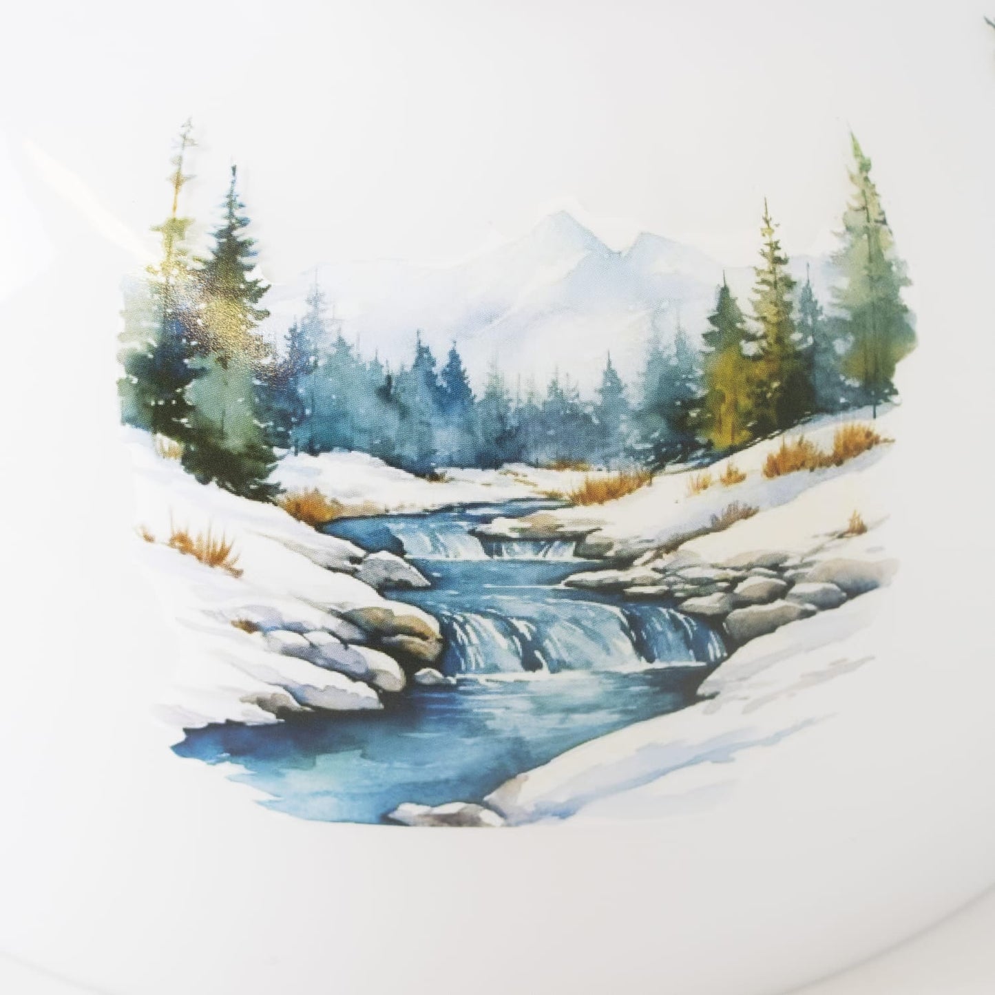 Handcrafted white glass lamp shade featuring a serene mountain stream scene with pine trees and snow, ideal for Lamps & Lighting and Lamp Shades collections.