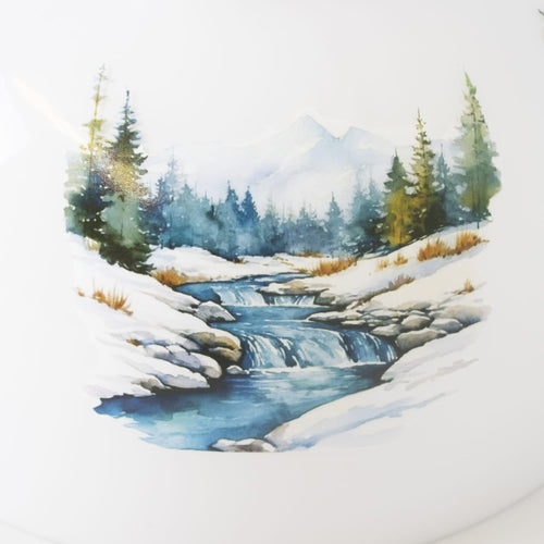 Handcrafted white glass lamp shade featuring a serene mountain stream scene with pine trees and snow, ideal for Lamps & Lighting and Lamp Shades collections.