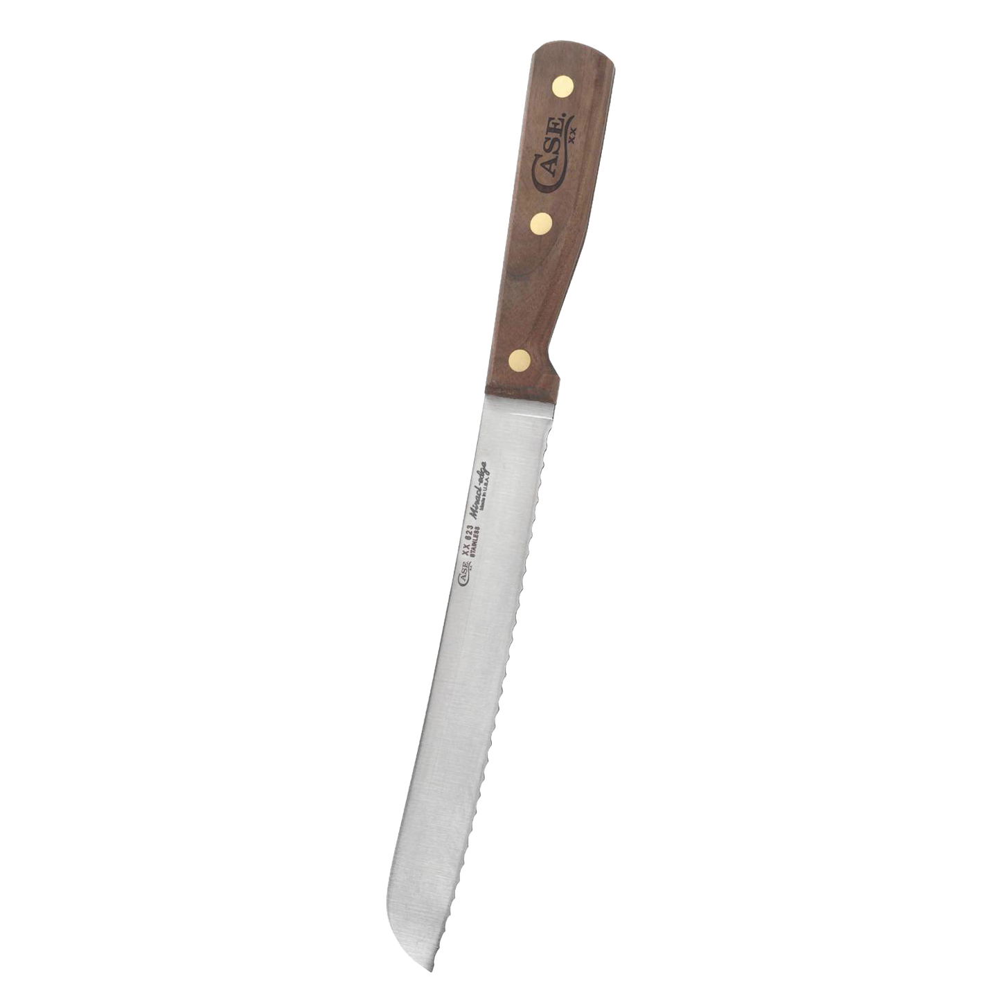 Handcrafted USA made bread slicer knife with an 8-inch serrated high-carbon steel blade and wooden handle secured by brass rivets, ideal for kitchen and food prep collections.