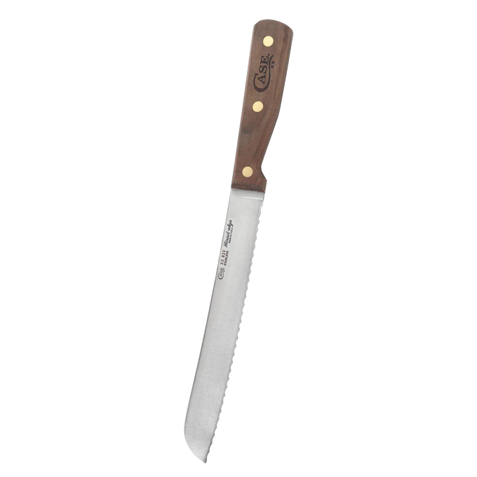 Handcrafted USA made bread slicer knife with an 8-inch serrated high-carbon steel blade and wooden handle secured by brass rivets, ideal for kitchen and food prep collections.