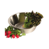 Deep stainless steel basin filled partially with fresh leafy greens, surrounded by vibrant radishes, perfect for Household Cleaning, Home & Decor, and Cleaning Utensils collections.