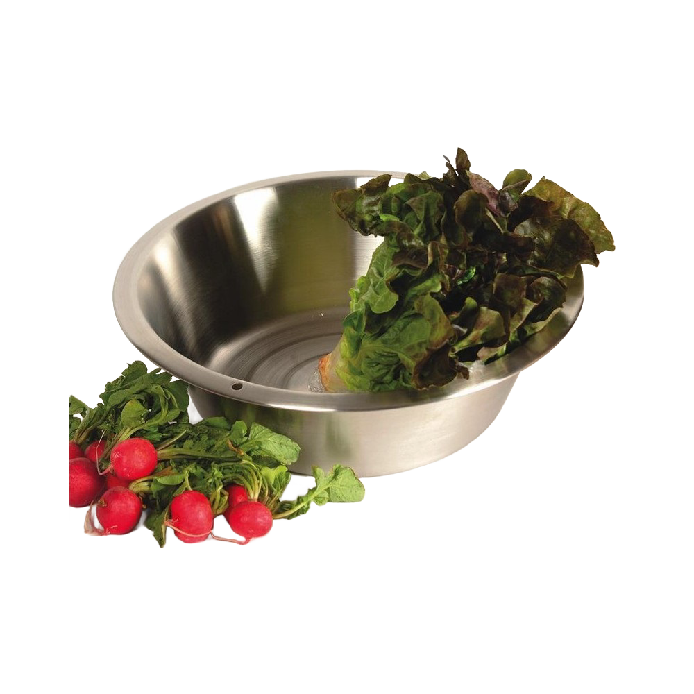 Deep stainless steel basin filled partially with fresh leafy greens, surrounded by vibrant radishes, perfect for Household Cleaning, Home & Decor, and Cleaning Utensils collections.