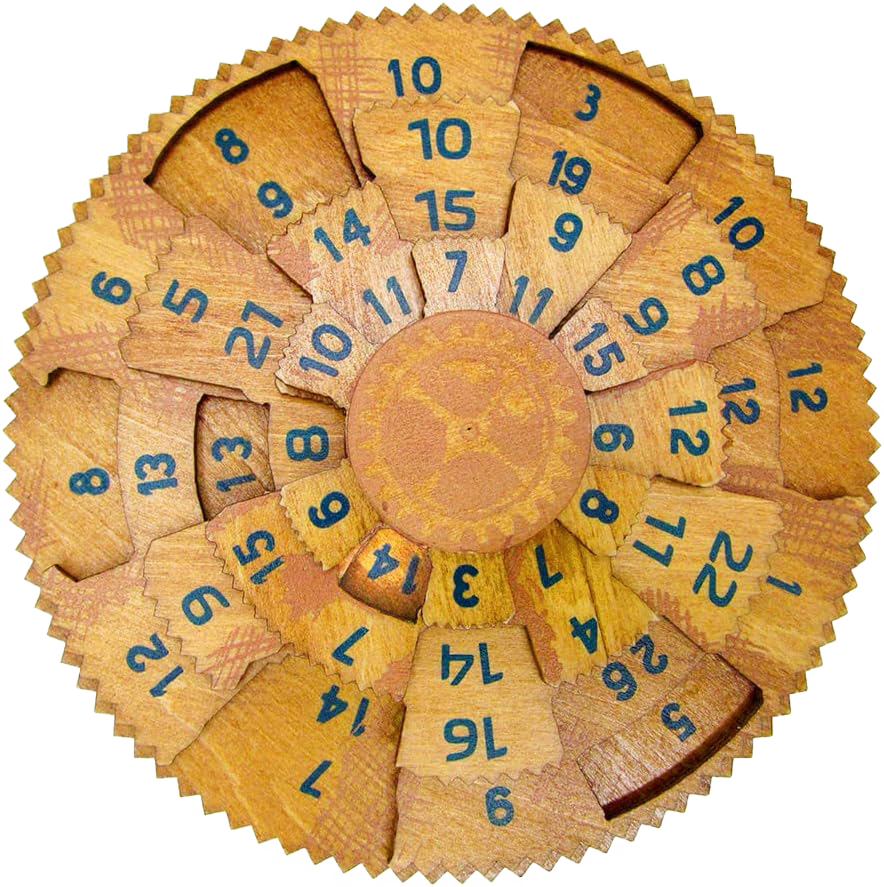 Intricately crafted wooden brainteaser puzzle featuring numbered rotating segments in a circular design, challenging advanced puzzlers in Toys, Games and Puzzles collections.