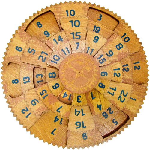 Intricately crafted wooden brainteaser puzzle featuring numbered rotating segments in a circular design, challenging advanced puzzlers in Toys, Games and Puzzles collections.