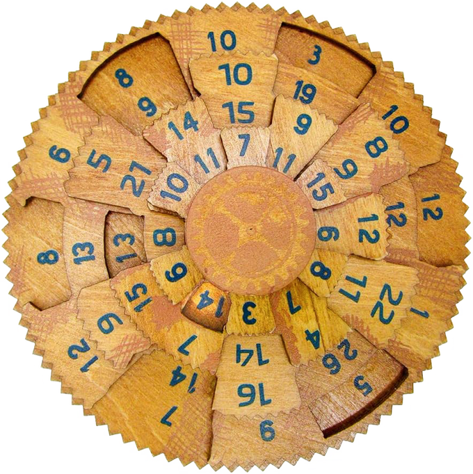 Intricately crafted wooden brainteaser puzzle featuring numbered rotating segments in a circular design, challenging advanced puzzlers in Toys, Games and Puzzles collections.