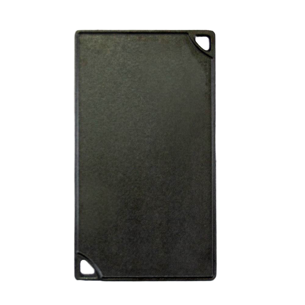 Rectangular black cast iron griddle with smooth cooking surface, two corner handles, heavy-duty construction ideal for stovetop or campfire cooking, part of USA Made cookware collection.