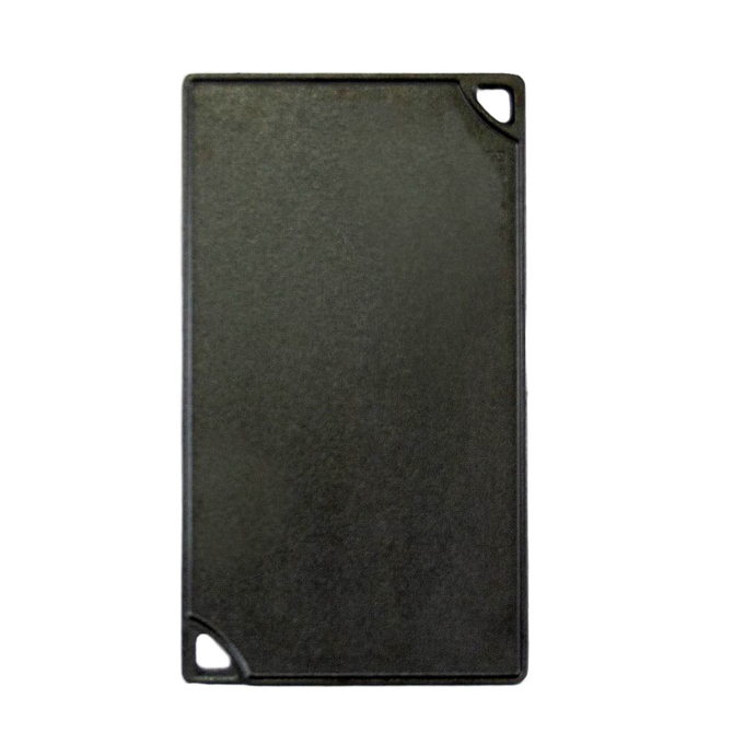 Rectangular black cast iron griddle with smooth cooking surface, two corner handles, heavy-duty construction ideal for stovetop or campfire cooking, part of USA Made cookware collection.