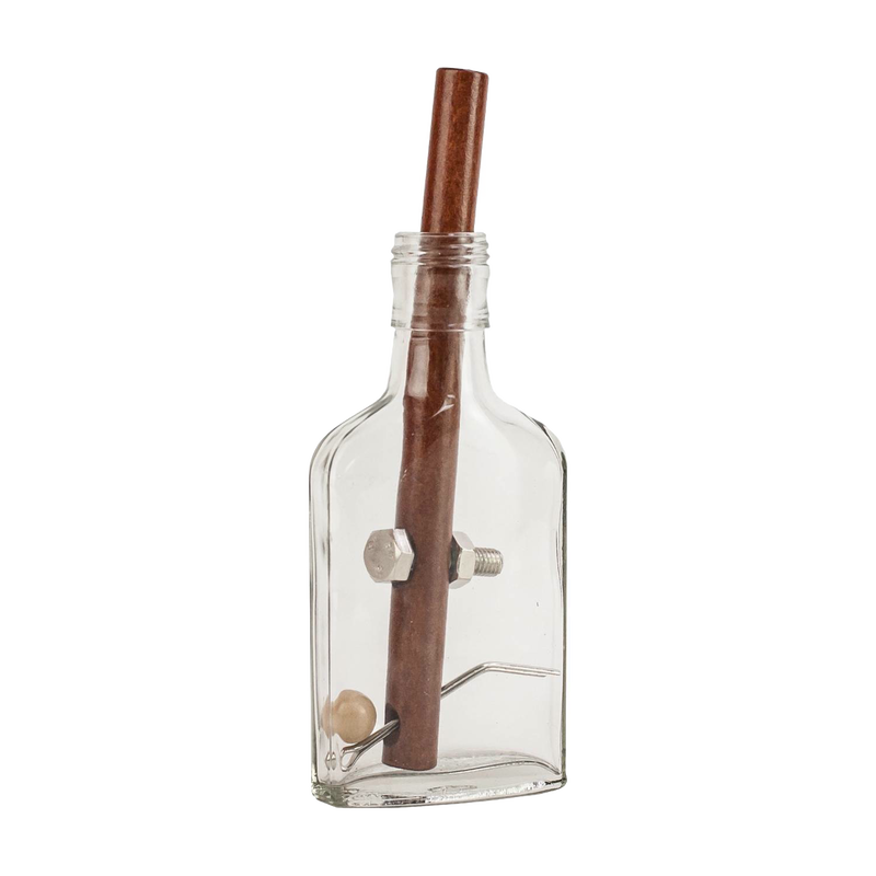 Handcrafted brainteaser puzzle featuring a clear glass bottle with a wooden rod, metal pin, bolt, nut, screw, and wooden ball; ideal for Toys, Games and Puzzles collections.