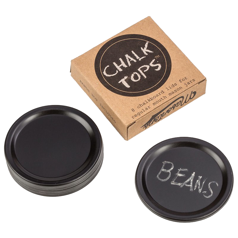 Set of reusable black chalkboard lids for regular mouth jars, shown with one labeled "BEANS" and a kraft paper box; ideal for Home & Decor, Best Sellers, and Promo Eligible collections.