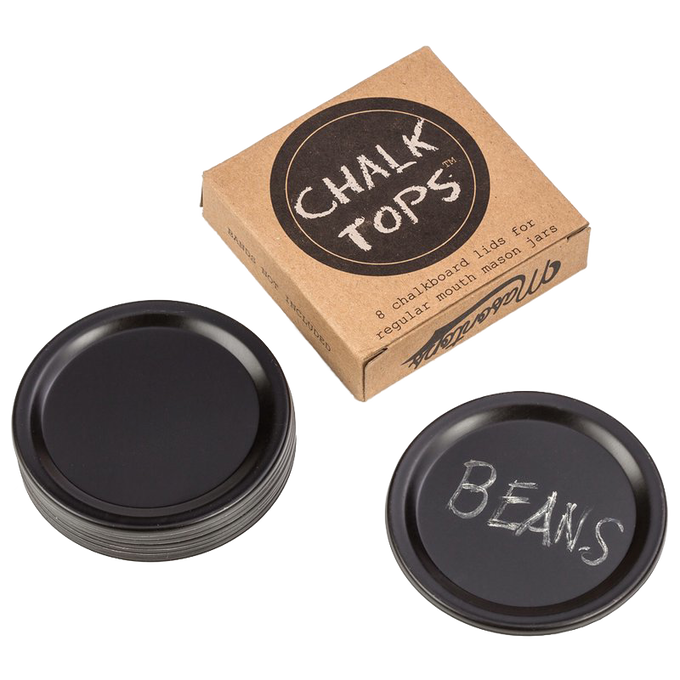 Set of reusable black chalkboard lids for regular mouth jars, shown with one labeled "BEANS" and a kraft paper box; ideal for Home & Decor, Best Sellers, and Promo Eligible collections.