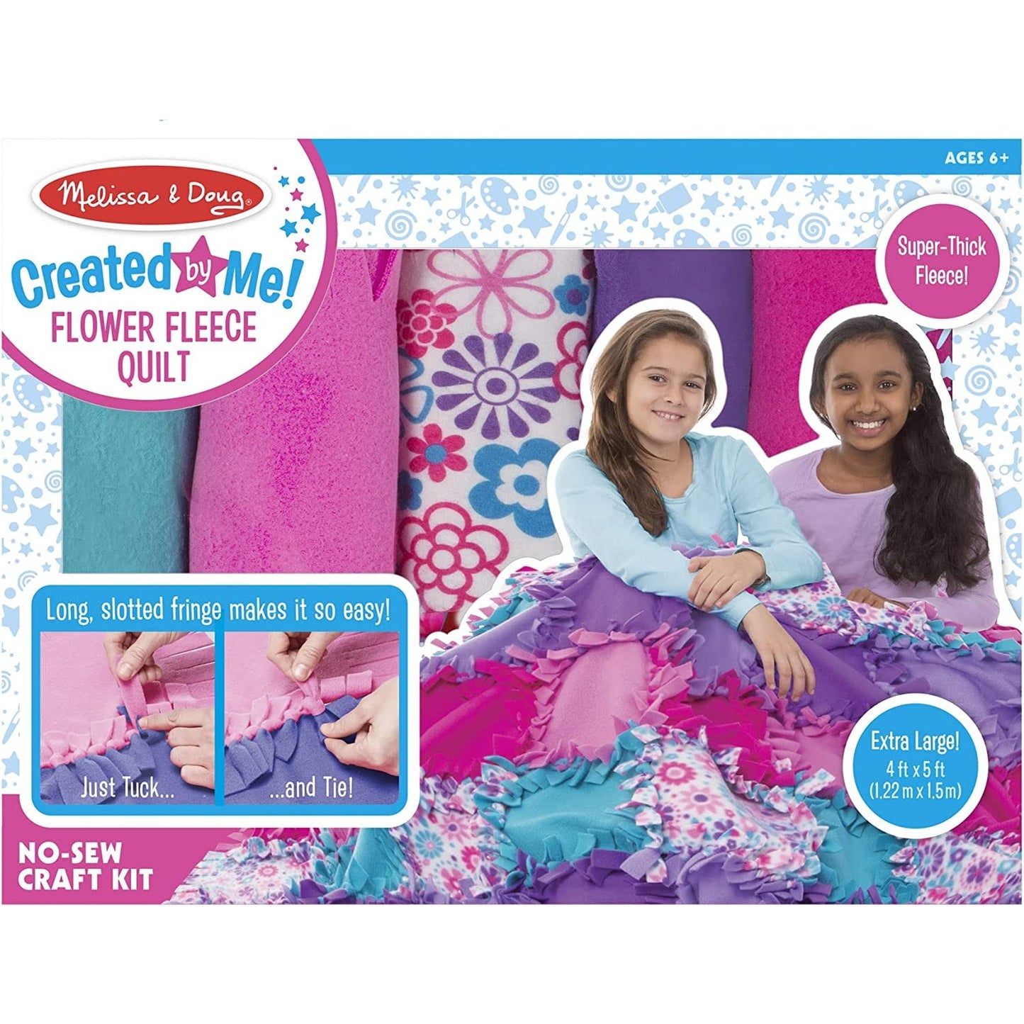 Two children sitting with a large, colorful fleece quilt featuring thick, soft fabric pieces and floral patterns, part of arts and crafts and children’s toys collections.