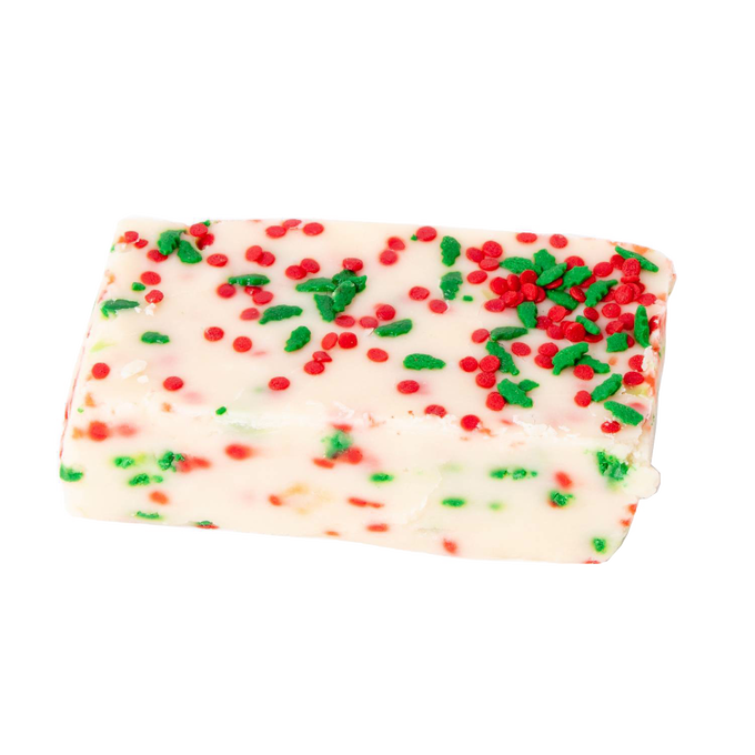 Single handcrafted creamy white fudge piece with festive red and green sprinkles, showcasing a unique Amish-made treat from Kitchen & Food, Food, Snacks and Sweets, USA Made, and Best Sellers collections.