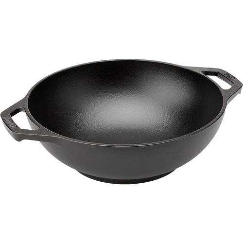 Handcrafted cast iron mini wok with sloped sides and loop handles, pre-seasoned for nonstick cooking, designed for diverse stovetops, featured in kitchen cookware and USA made collections.
