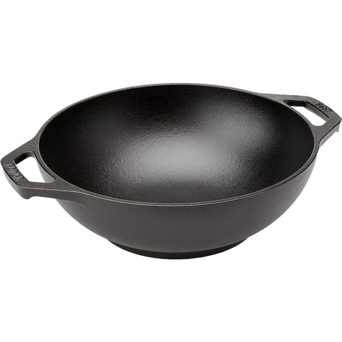 Handcrafted cast iron mini wok with sloped sides and loop handles, pre-seasoned for nonstick cooking, designed for diverse stovetops, featured in kitchen cookware and USA made collections.