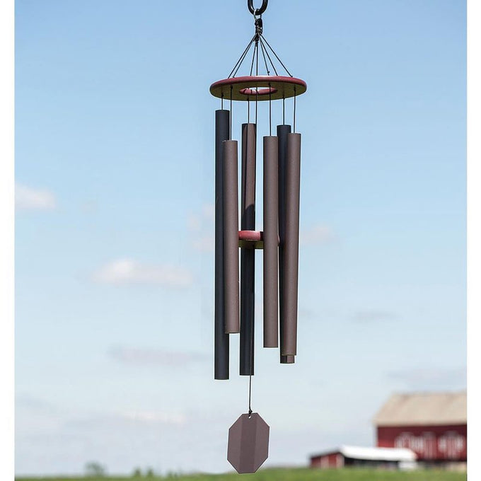 Handcrafted Amish-made wind chime with six powder-coated aluminum tubes and a poly wood topper in terra color, designed for outdoor decor in Home & Garden collections.