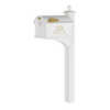 White and gold personalized mailbox with monogram and street address on a sturdy post, handcrafted in USA, ideal for Home & Decor, Mailboxes and Address Signs, and Household Helpers collections.