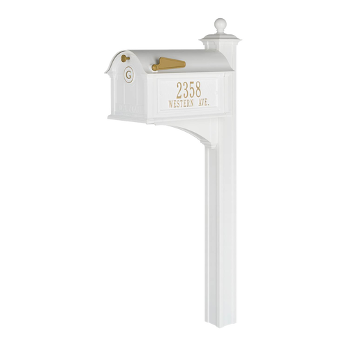 White and gold personalized mailbox with monogram and street address on a sturdy post, handcrafted in USA, ideal for Home & Decor, Mailboxes and Address Signs, and Household Helpers collections.