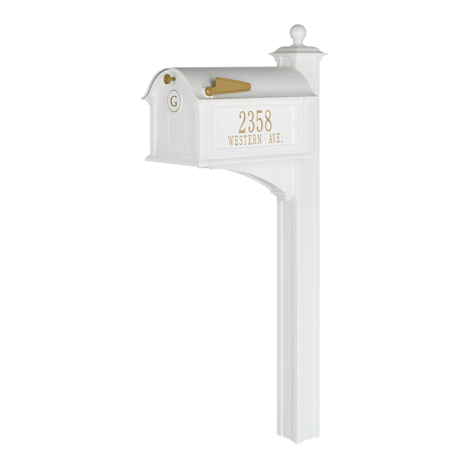 White and gold personalized mailbox with monogram and street address on a sturdy post, handcrafted in USA, ideal for Home & Decor, Mailboxes and Address Signs, and Household Helpers collections.
