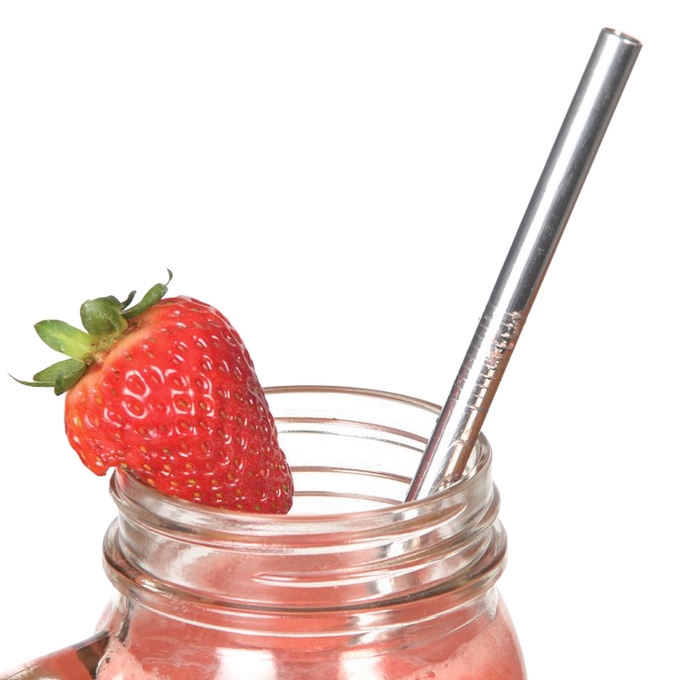 Polished stainless steel reusable straw set in a jar topped with a fresh strawberry, perfect for Kitchen & Food, Dinnerware, Kitchen Gadgets, Kitchen Accessories, Best Sellers, and Promo Eligible collections.