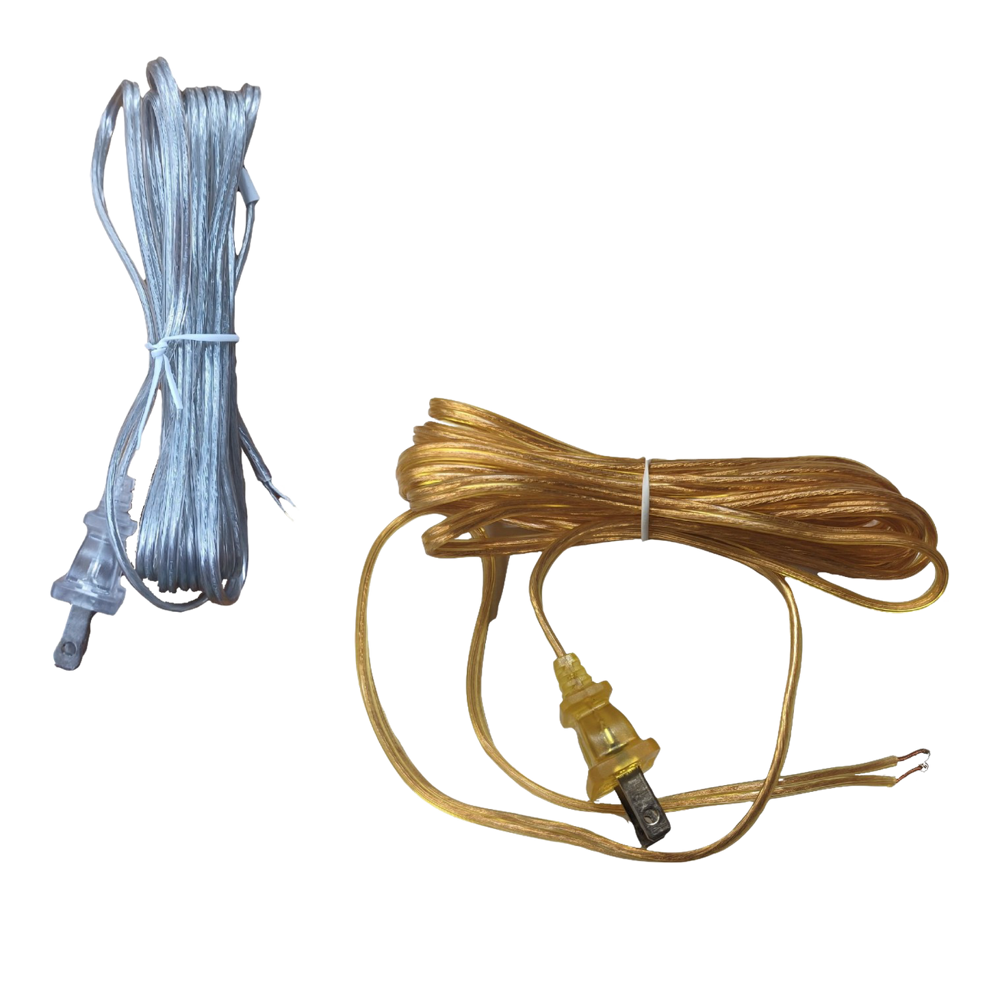 Two neatly coiled clear and amber electric cords with connectors designed for lamp and lighting electric conversion, suited for emergency supplies and parts collections.