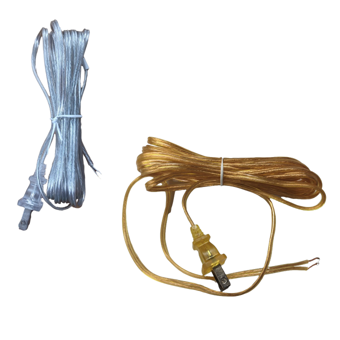 Two neatly coiled clear and amber electric cords with connectors designed for lamp and lighting electric conversion, suited for emergency supplies and parts collections.