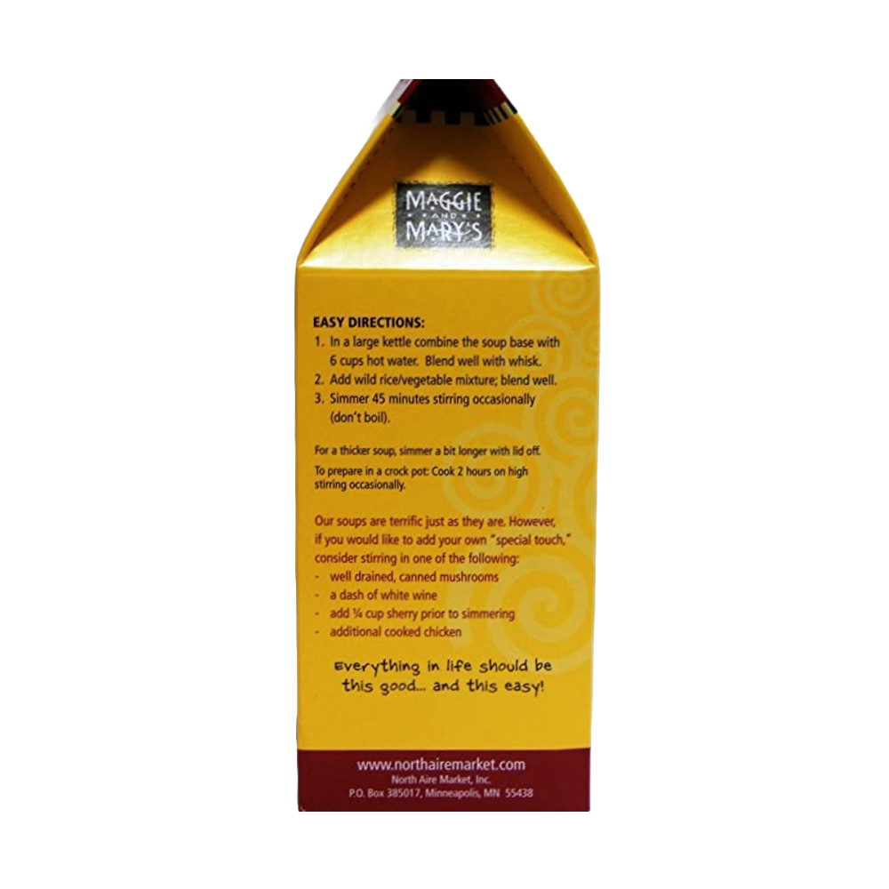 Yellow and red packaged Maggie and Mary's Soup Mixes box showing easy preparation instructions, highlighting homemade gourmet taste with just water, ideal for Kitchen & Food, Dry Goods and Mixes, Soups, USA Made, and Best Sellers collections.