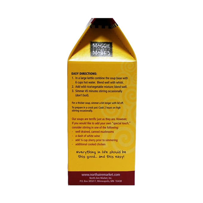 Yellow and red packaged Maggie and Mary's Soup Mixes box showing easy preparation instructions, highlighting homemade gourmet taste with just water, ideal for Kitchen & Food, Dry Goods and Mixes, Soups, USA Made, and Best Sellers collections.