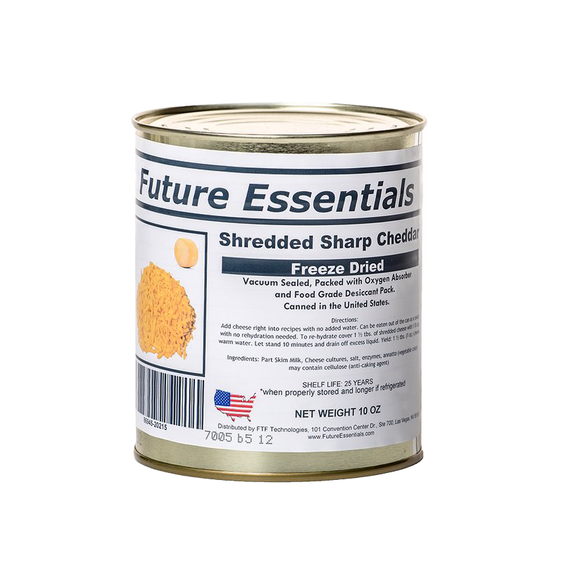 Metal can of freeze-dried shredded sharp cheddar cheese featuring a clear label with nutrition details, suitable for emergency supplies, pantry, and kitchen use.