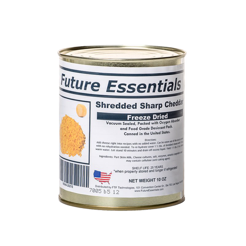 Metal can of freeze-dried shredded sharp cheddar cheese featuring a clear label with nutrition details, suitable for emergency supplies, pantry, and kitchen use.
