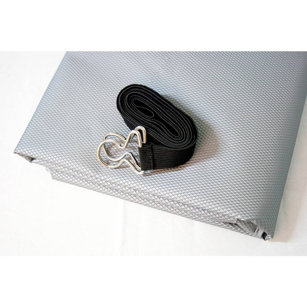 Folded gray outdoor air conditioner cover made from durable textured material, paired with a 72-inch black elastic strap and metal clasp, featured in Home & Decor and Best Sellers.