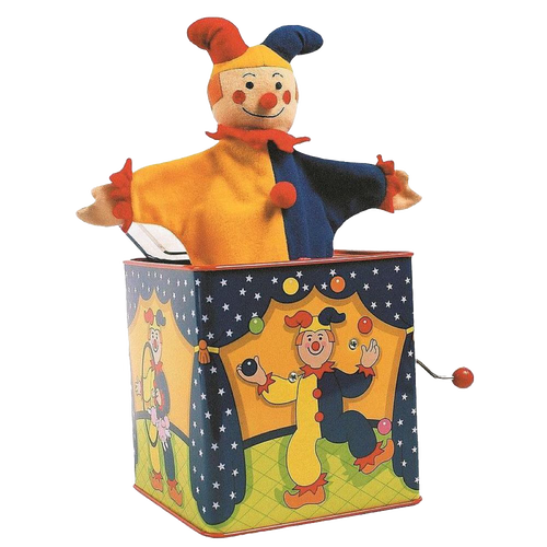 Handcrafted brightly painted musical jack-in-the-box with a colorful jester figure popping out, playing Pop Goes the Weasel, perfect for indoor play and children's toys collections.
