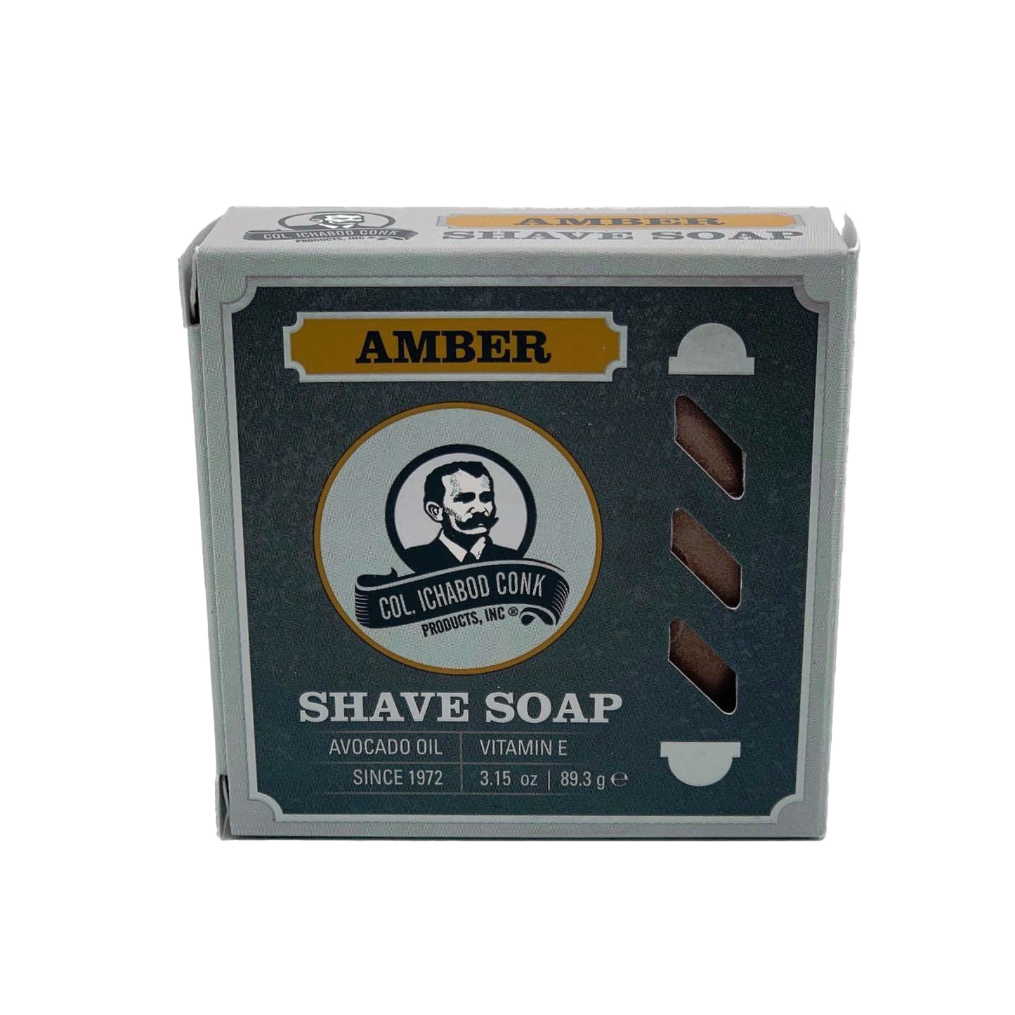 Box of amber-scented shaving soap with avocado oil and vitamin E, designed for smooth shaving, featured in Health & Wellness, Grooming and Personal Hygiene, Soaps and Soapmaking, USA Made, Best Sellers, and Promo Eligible collections.