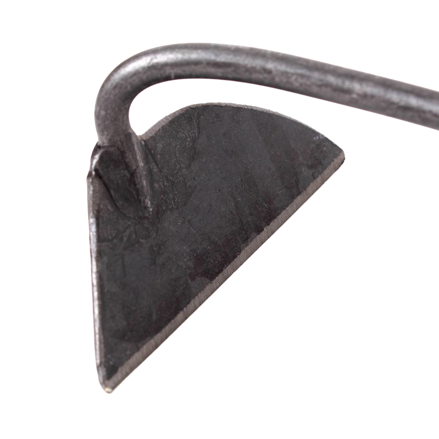 Hand-forged steel blade with a sharp triangular edge on a curved metal shaft, handcrafted for strength and precision weed removal beneath the soil surface in Farm, Garden & Tool, Garden Accessories, Best Sellers, and Promo Eligible collections.