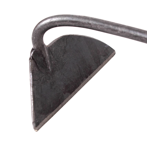 Hand-forged steel blade with a sharp triangular edge on a curved metal shaft, handcrafted for strength and precision weed removal beneath the soil surface in Farm, Garden & Tool, Garden Accessories, Best Sellers, and Promo Eligible collections.