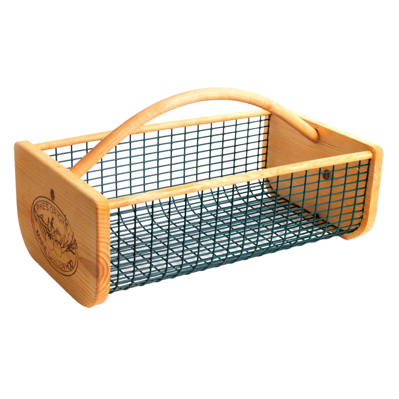Handcrafted garden hod with wooden ends and green wire mesh sides, featuring smooth curved handle and engraved logo, designed for washing and carrying harvests, part of Farm, Garden & Tool, USA Made, and Best Sellers collections.