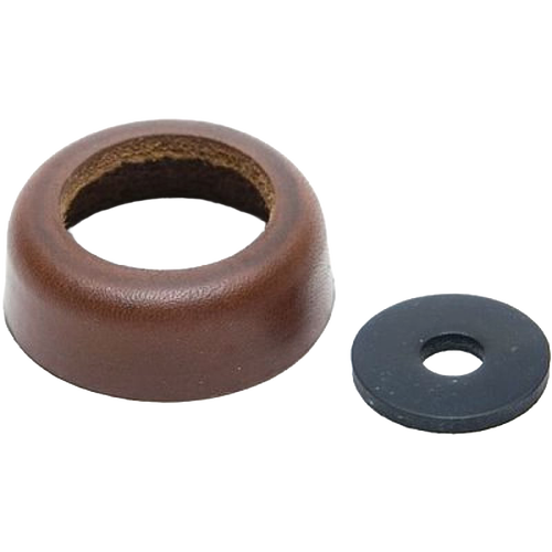 Close-up of a leather gasket cup and a round rubber washer side by side, designed for use in water pump repair, featured in water pumps and pump parts collections.