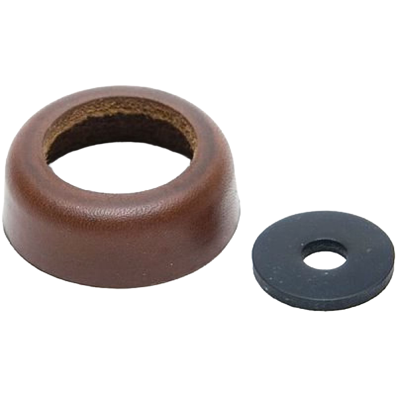 Close-up of a leather gasket cup and a round rubber washer side by side, designed for use in water pump repair, featured in water pumps and pump parts collections.