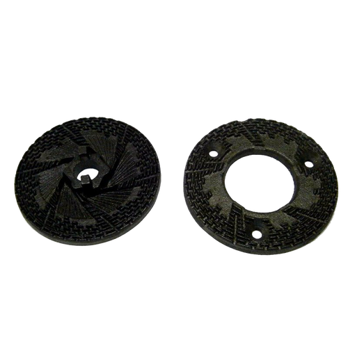 Two durable black grinding burrs designed for adjustable grain milling, crafted to enhance precision and efficiency, suitable for Kitchen & Food, Grain Mills, Best Sellers, Bread Making Supplies, and Promo Eligible collections.