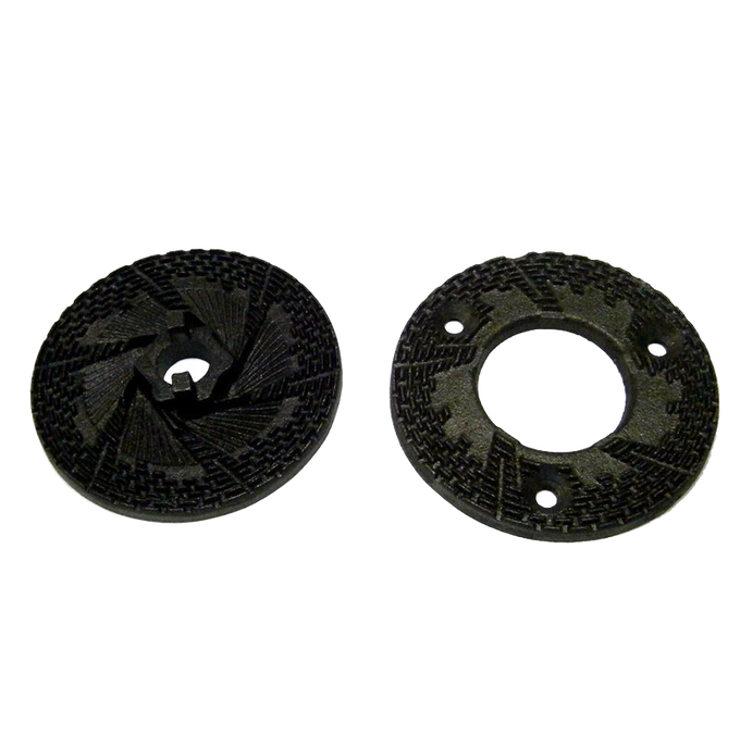 Two durable black grinding burrs designed for adjustable grain milling, crafted to enhance precision and efficiency, suitable for Kitchen & Food, Grain Mills, Best Sellers, Bread Making Supplies, and Promo Eligible collections.