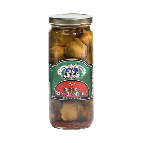 Glass jar filled with spicy pickled Brussels sprouts in tangy brine, featuring a metal lid and label highlighting handcrafted quality, perfect for Kitchen & Food, Food, Pantry, USA Made, Best Sellers, and Promo Eligible collections.